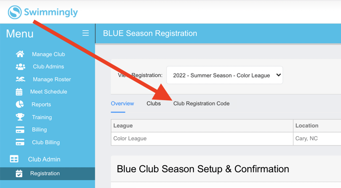 Club Registration Code active tab